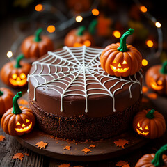 Spooky chocolate cake with spiderweb and glowing pumpkins for halloween