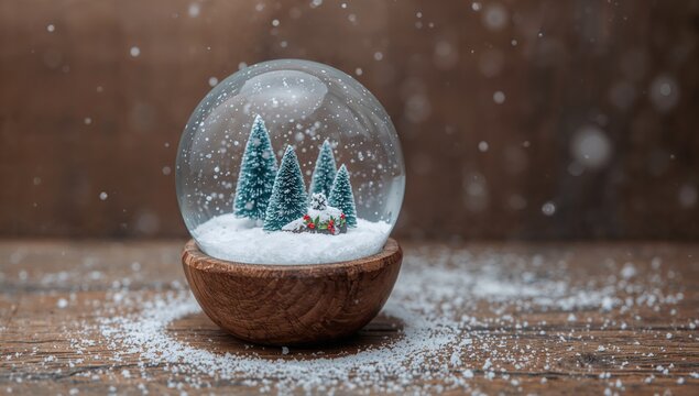 Festive snow globe filled with snowfall on rustic wood surface
