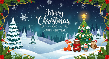 Merry Christmas and Happy New Year illustration with winter forest and cute animals
