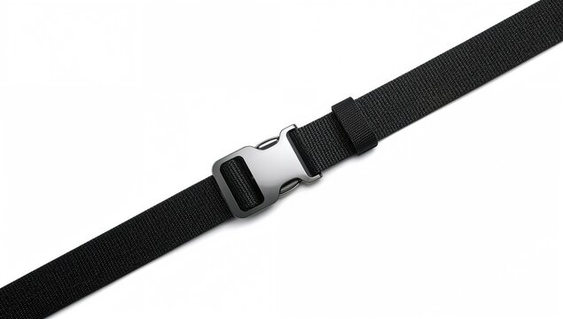 Top view of a black synthetic nylon strap with fastening buckle on white background