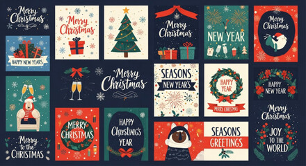 Merry Christmas and Happy New Year greeting cards collection vector illustration