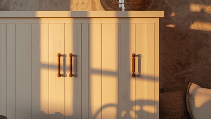 Obraz premium Gorgeous evening light casting shadows and sun on a white cabinet with wooden knobs