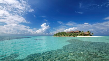 Fototapeta premium Stunning natural scenery with tropical ocean at sunset. Exclusive vacation spot on a coral atoll. Refreshing escape with snorkeling and coconut palms.