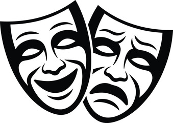 Comedy and Tragedy Masks Theatrical Expressions Black and White Illustration