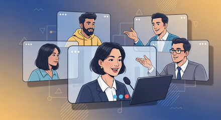 Online business meeting illustration with diverse professionals connecting remotely for a webinar