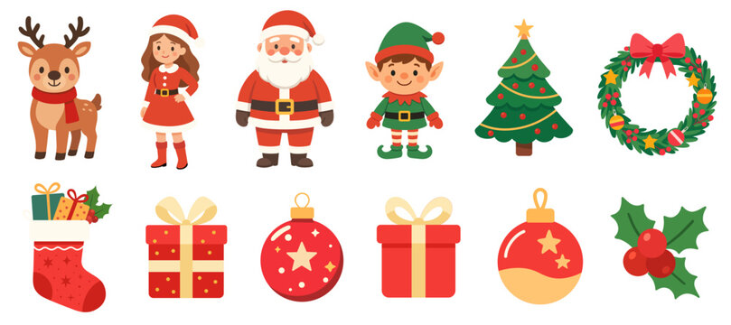 Christmas characters and objects illustrations set. Vector cartoon clipart for Christmas decorations