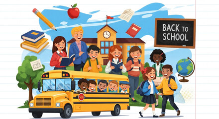 Back to School Illustration Featuring Students, Bus, and School Building