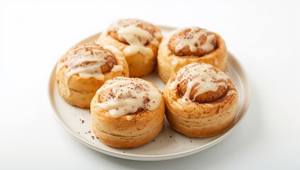 A dish holding five freshly baked cinnamon rolls topped with cream cheese frosting against a white background