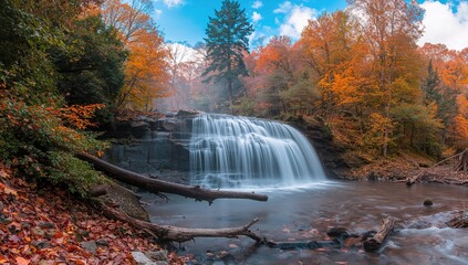 Waterfall cascading through a woodland during fall