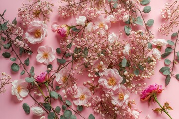Floral arrangement with pink blooms and eucalyptus sprigs on a pastel pink surface, viewed from above