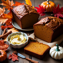 Slices of moist pumpkin bread are arranged with decorative pumpkins for hallowen 