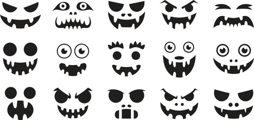 Halloween Face Vector Set – Scary Pumpkin and Monster Expressions Silhouette Collection for Spooky Holiday
