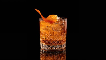 Vintage-style cocktail served in a nostalgic glass with ice cubes and an orange twist against a dark backdrop