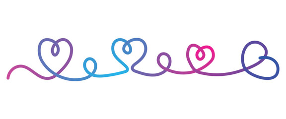 Continuous line drawing of intertwined hearts in a gradient of purple blue and pink