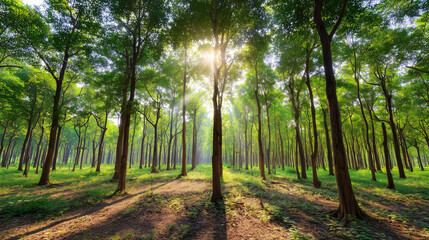 camphor. Sunlight filtering through a forest of camphor trees with visible light rays. travel magazines, destination branding, designed for travel destination branding, used by logistics managers.