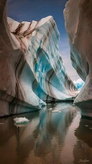Glacial Ice Wall Framed By Canyon Walls Over Quiet Reflective Water Surface