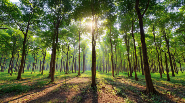 camphor. Sunlight filtering through a forest of camphor trees with visible light rays. travel magazines, destination branding, designed for travel destination branding, used by logistics managers.