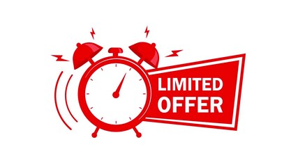 Red alarm clock with limited offer banner animation on white and green screen - Powered by Adobe