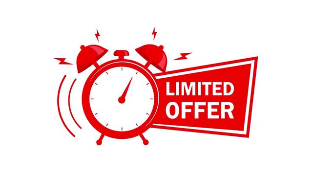 Red alarm clock with limited offer banner animation on white and green screen