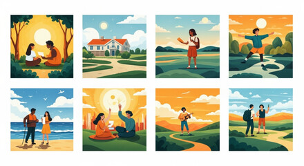 Naklejka premium Illustrative Scenes of Leisure and Exploration A Collection of People Enjoying Nature's Beauty