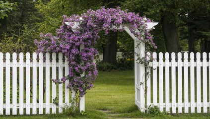 A garden enclosed by a white wooden fence and archway, adorned with vibrant purple vines draping over the structures.