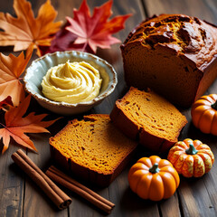 Delicious autumn pumpkin bread with frosting and fall decorations