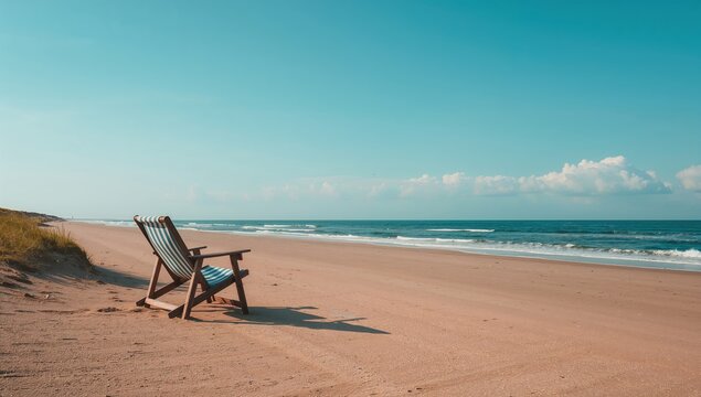 Vacant lounge chair on a sandy shore symbolizing summer holiday, with ample space for personalized messages