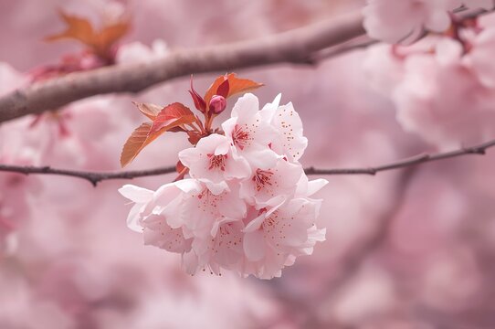 Delicate pink and white cherry blossoms in early spring with a soft focus on flowering branches.