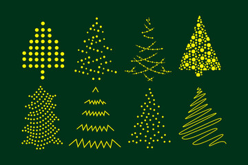 Set of abstract Christmas trees in yellow color - modern design, vector illustration elements on green background