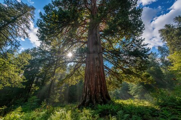 Obraz premium A towering western red cedar captured from below amidst vibrant greenery on a bright sunny day