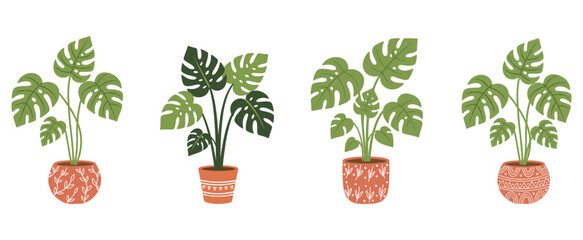 Monstera houseplant clipart set in terracotta patterned pots