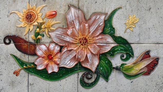 Colorful cement walls adorned with intricate Thai engravings captivate visitors with their detailed craftsmanship.