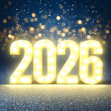 Golden glitter number 2026 on blue sparkling background with festive bokeh lights celebrating new year party