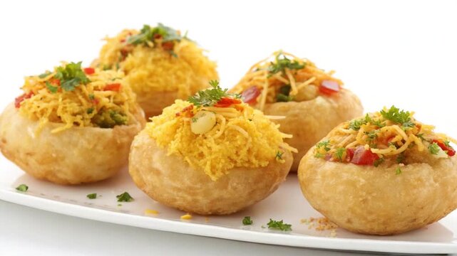 sev batata puri spicy indian snack on white background video