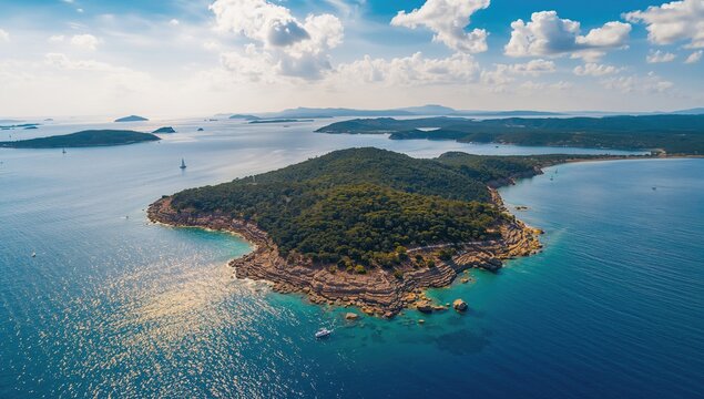 Drone aerial view of a tiny islet within a volcanic island group in a tropical paradise