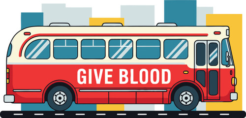 A red bus with 'GIVE BLOOD' in bold, parked against an abstract city backdrop.