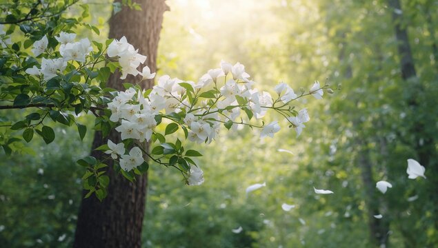 The beauty of white bougainvillea blossoms set against a natural backdrop, featuring elements of summer, foliage, and sunlight