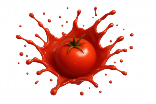 Tomato splashing into red sauce or juice, creating a dynamic liquid splash on transparent background