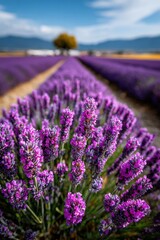 Fototapeta premium Lavender fields stretch into the distance under a blue sky with clouds on a sunny day in a rural landscape