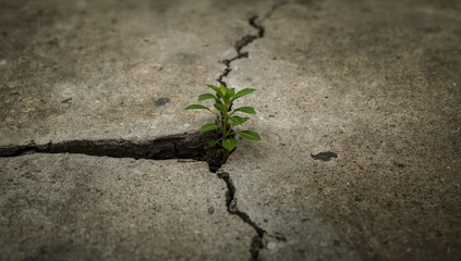 Concept of a Green Plant Emerging Through Concrete Crack