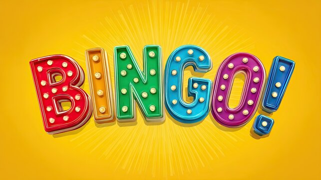 Colorful bingo letters with glowing bulbs on yellow background with rays for entertainment game design