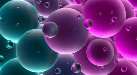 Vibrant spherical shapes in a colorful, abstract composition, viewed from a close-up perspective, with neon-like hues and reflective surfaces.