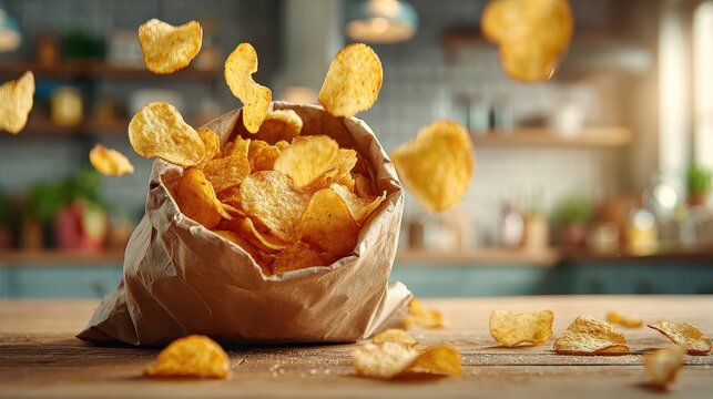 Crispy potato chips flying from a paper bag on the wooden table. Ideal for food ads, representing snack time and unhealthy choices.