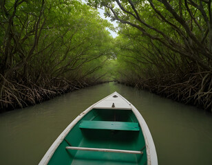 Fototapeta premium A small boat navigating through a narrow, hidden waterway in a mangrove forest, with dense greenery and wildlife all around, offering a unique, off-the-beaten-path experience, boat on the river