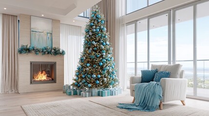 Elegant Christmas living room interior with blue and silver decorated tree by modern fireplace and window view