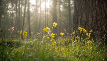 Obraz premium Radiant Woodland Flowers: Golden Anemones and Buttercups in a Sunlit Enchanted Setting