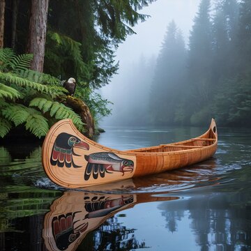 Serene Indian Canoe on Quiet Lake Surrounded by Dense Forest and Misty Morning Light