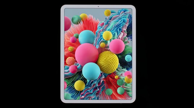 Modern tablet device with colorful abstract 3D spheres and shapes on vibrant screen isolated on black background