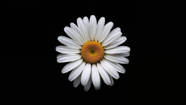 White daisy flower with yellow core set against a dark backdrop, belonging to the Asteraceae family. - Powered by Adobe