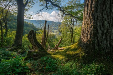 Obraz premium Lush moss covering rocks with a backdrop of trees and water under a clear sky in warm weather